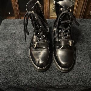 Black Lace-Up Ankle Boots with Buckle